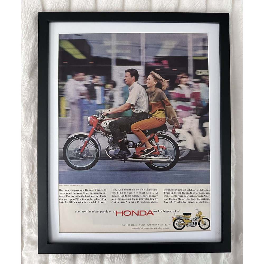 Framed 1965 Honda CB-160 & Trail 90 Motorcycles Vintage Print Ad